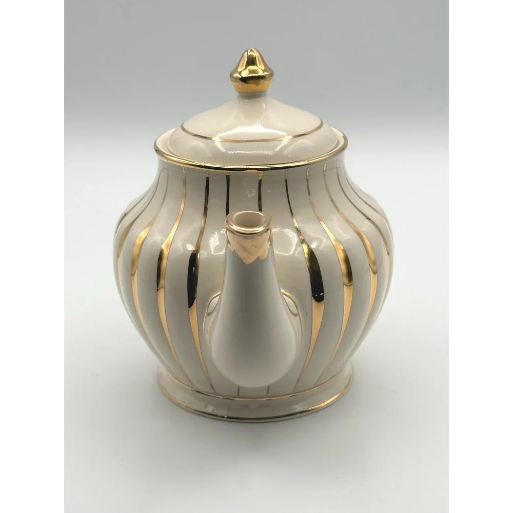 Vintage Sadler Teapot Cream Gold Striped English Porcelain Tea Pot